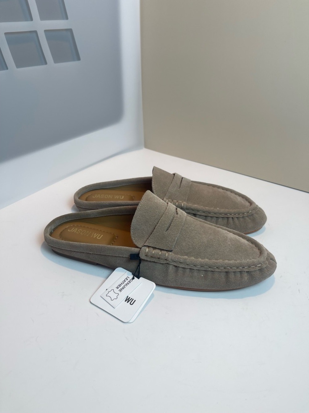 Jason Wu Meeky-P Suede Penny Loafer Mules Tan Beige Leather Slides NWT Size 9.5